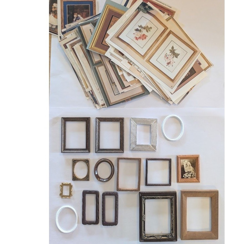 1:12 Miniature Dollhouse Picture Frame Lot 15 Metal Wood Paper Inserts Artwork